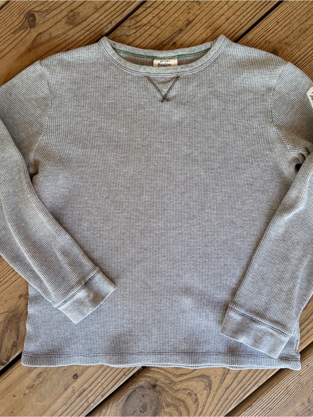 Mini Boden Boys Gray Thermal Waffle Knit Long Sleeve Shirt Union Jack Size 9-10Y